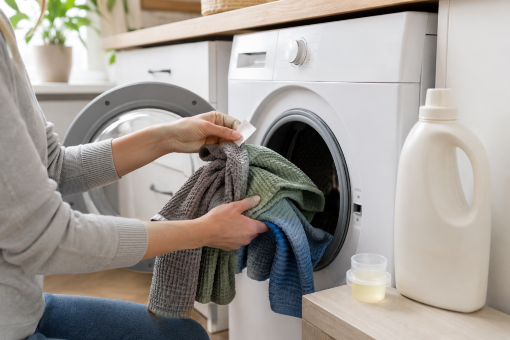 Dishcloths beside a washing machine with a care label and measured laundry detergent