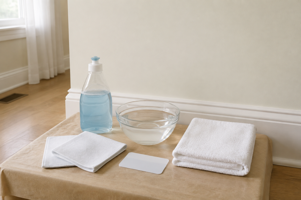 Paint-safe supplies for removing sticky residue from a wall.