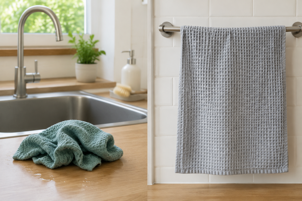 Damp dishcloth beside a sink compared with a clean cloth hanging open to dry
