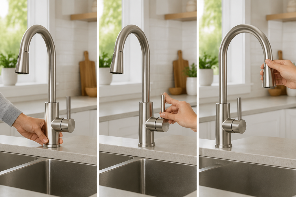 Kitchen faucet being tested to identify movement at the base, handle, and swivel spout