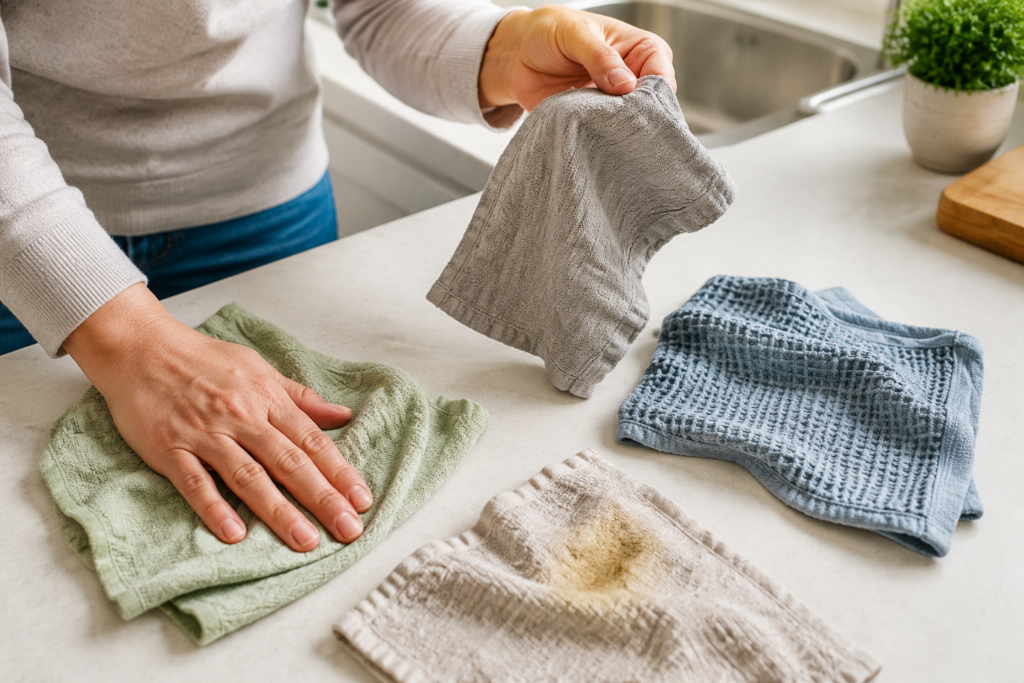 Dishcloths being checked for dampness and grease before washing