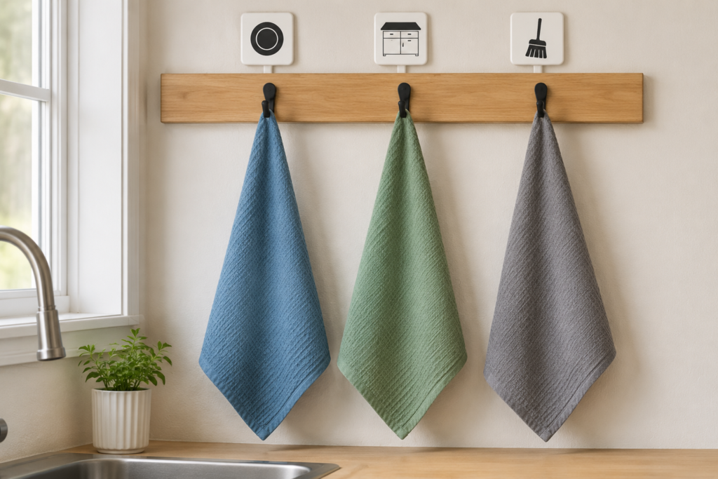 Color-coded kitchen cloths hanging separately for different cleaning tasks