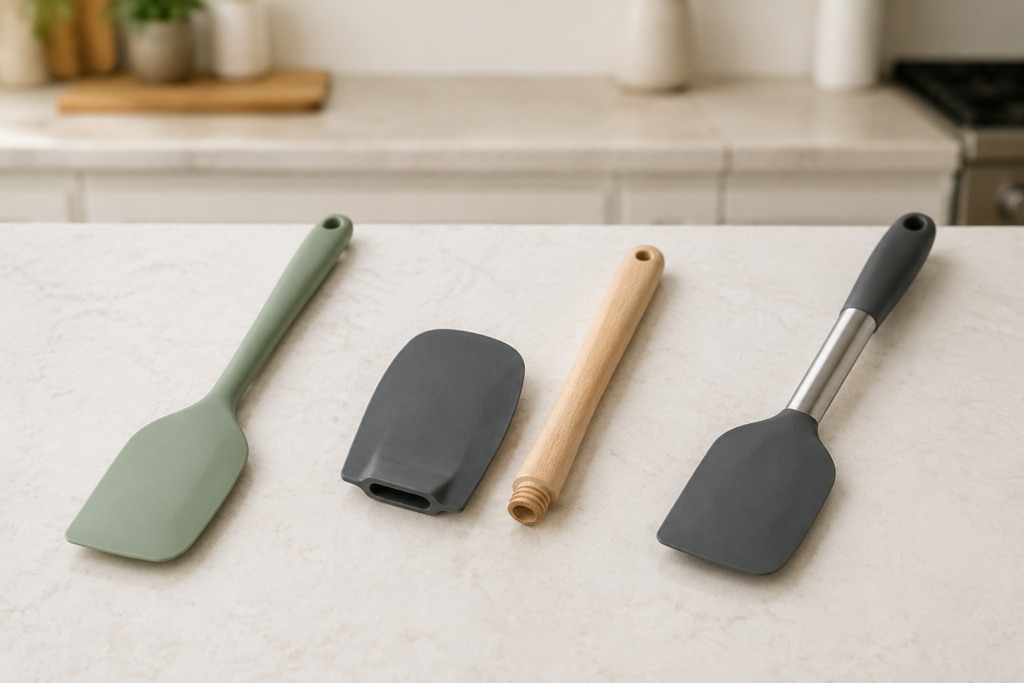 Three types of silicone kitchen utensils arranged for material comparison