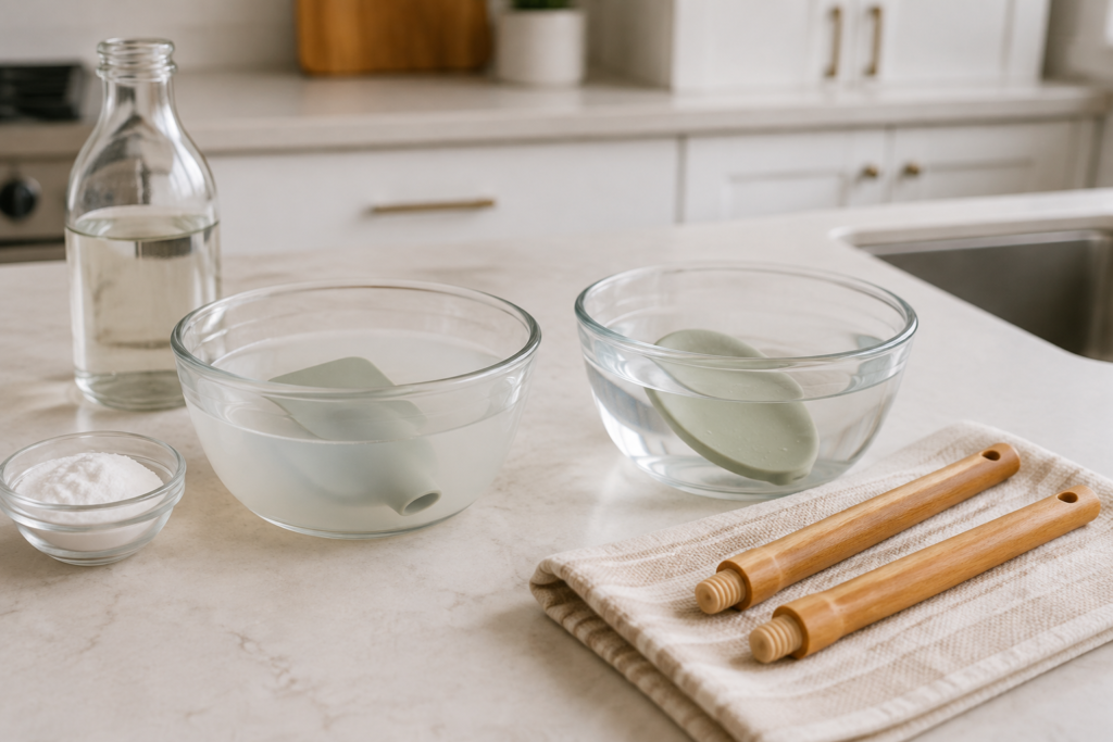 Silicone utensil heads soaking separately in baking soda water and diluted vinegar while wooden handles stay dry