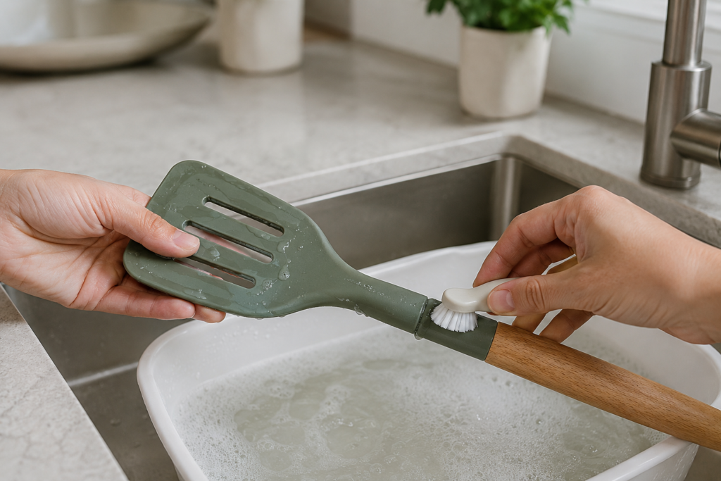 Soft nylon brush cleaning the slots and handle seam of a silicone spatula in warm 