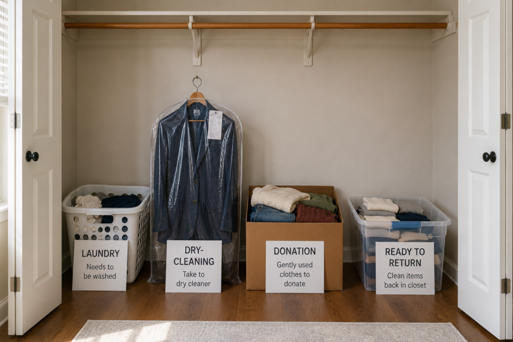 Clothes sorted into laundry, dry-cleaning, donation, and ready-to-store groups beside an empty closet