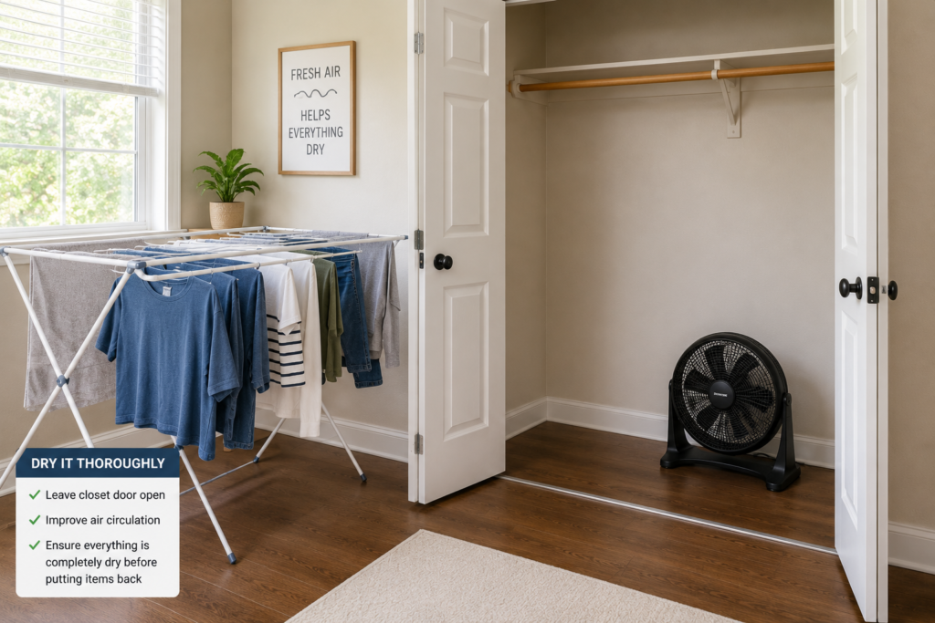 Clean empty closet drying with the door open while freshly washed clothes dry nearby