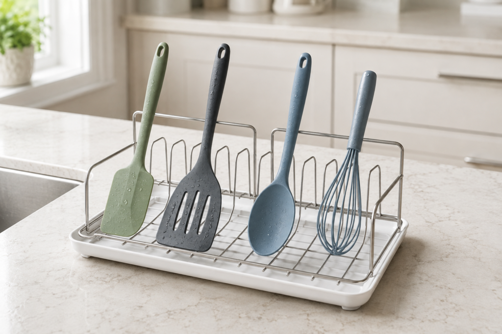 Clean silicone kitchen utensils spaced apart on a drying rack for complete airflow