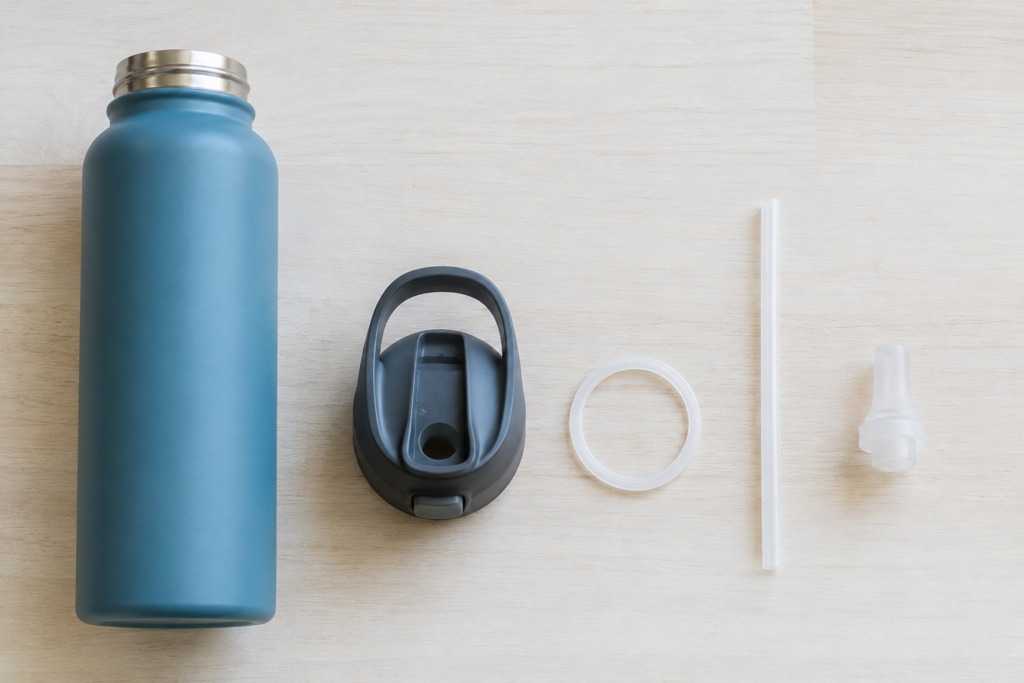 Reusable water bottle lid, gasket, straw, and mouthpiece arranged for cleaning