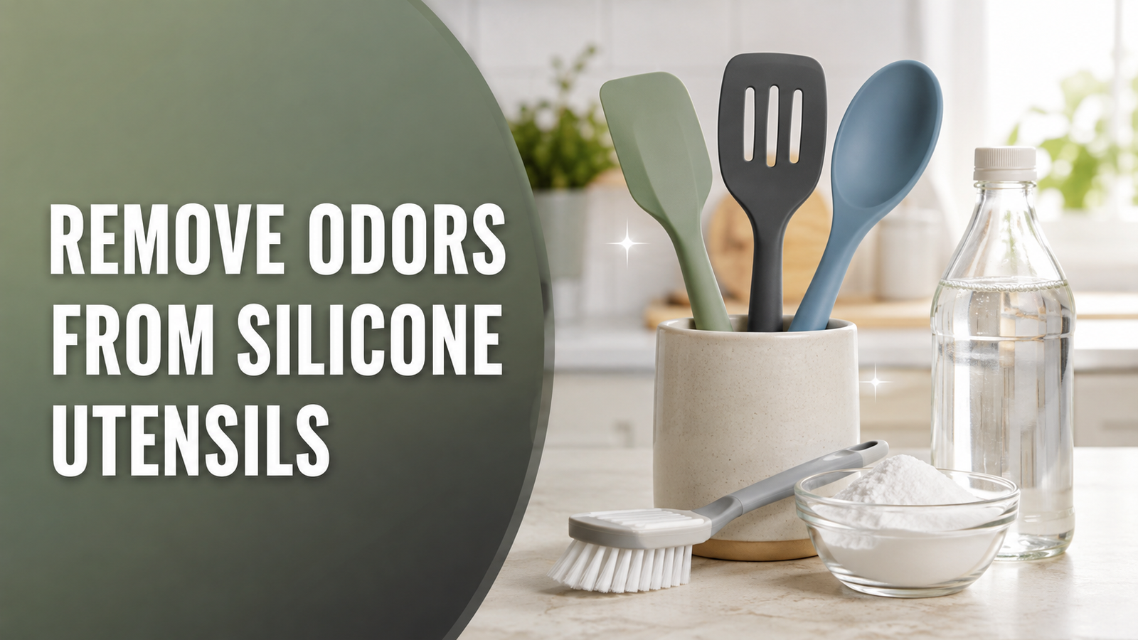 Silicone kitchen utensils beside baking soda, white vinegar, and a cleaning brush for odor removal