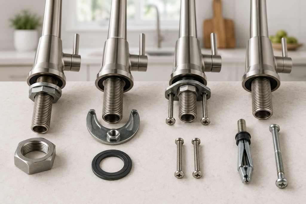 Common kitchen faucet mounting nuts, brackets, screws, and above-deck fasteners