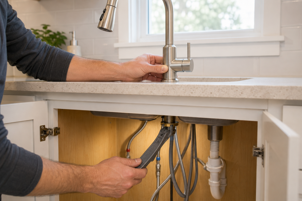 Kitchen faucet held in position while its mounting hardware is tightened below the sink