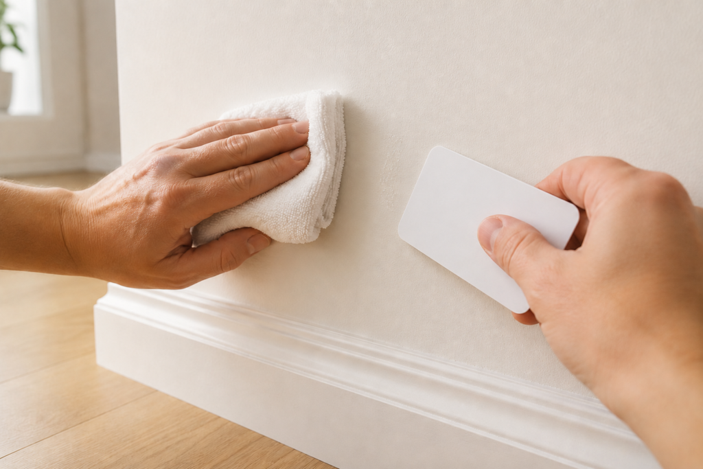 Softening tape residue and lifting it gently with a plastic card.