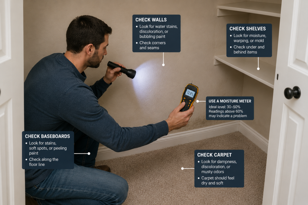 Homeowner inspecting closet walls and shelves for moisture with a flashlight and humidity meter