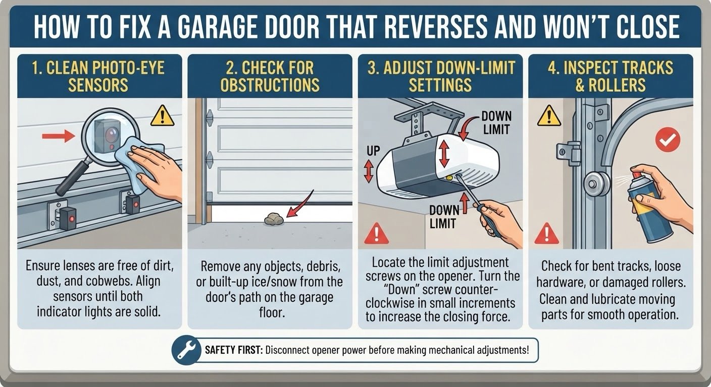 How to Fix a Garage Door That Reverses and Won’t Close All the Way