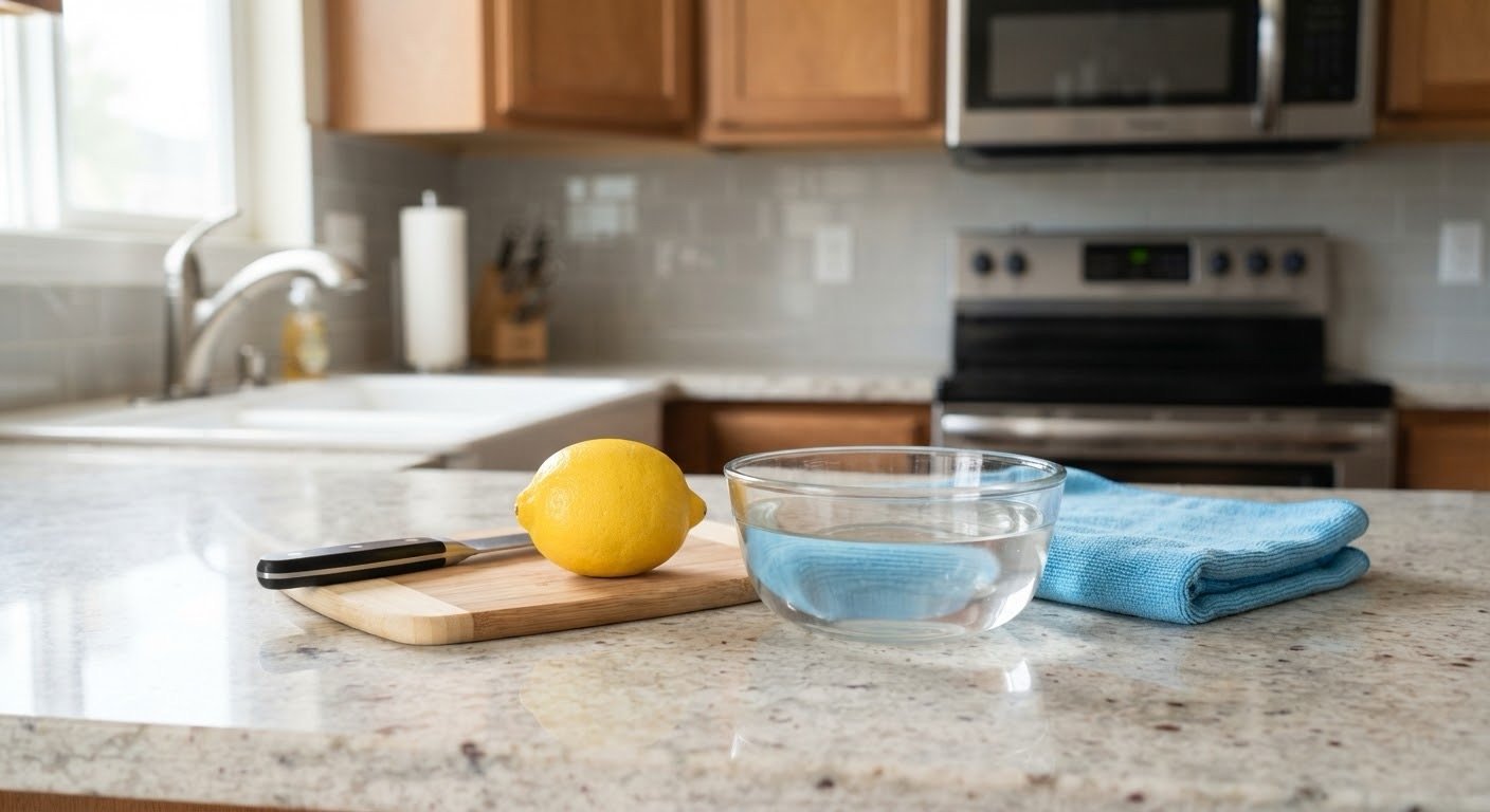 Lemon, a bowl of water, and a soft cloth beside a microwave