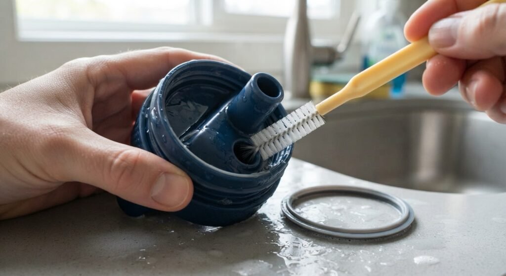Small brush cleaning the gasket groove inside a reusable bottle lid
I