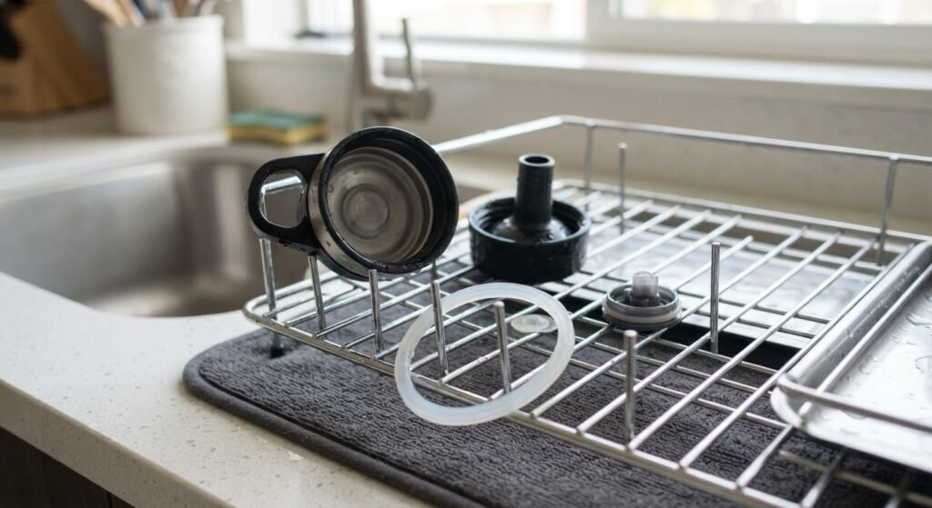 Reusable bottle lid parts and silicone gasket air-drying separately