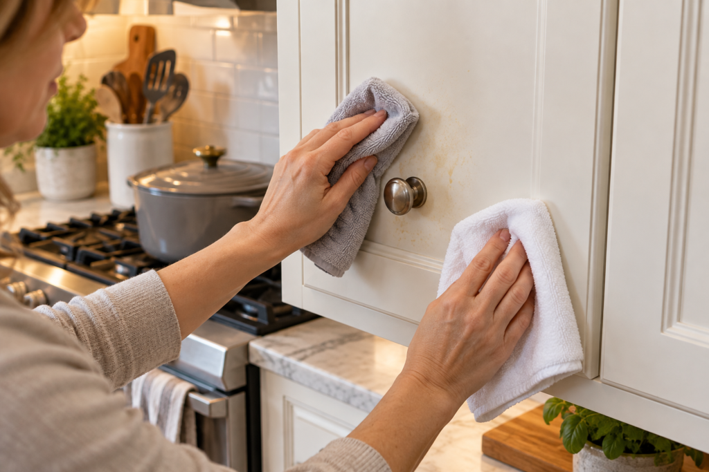 Cleaning a greasy cabinet with a damp cloth and drying it immediately with a second cloth