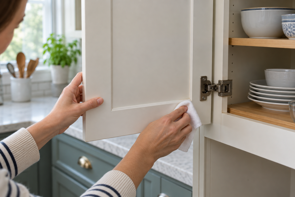 Testing a damp microfiber cloth on the hidden inside corner of a painted cabinet door