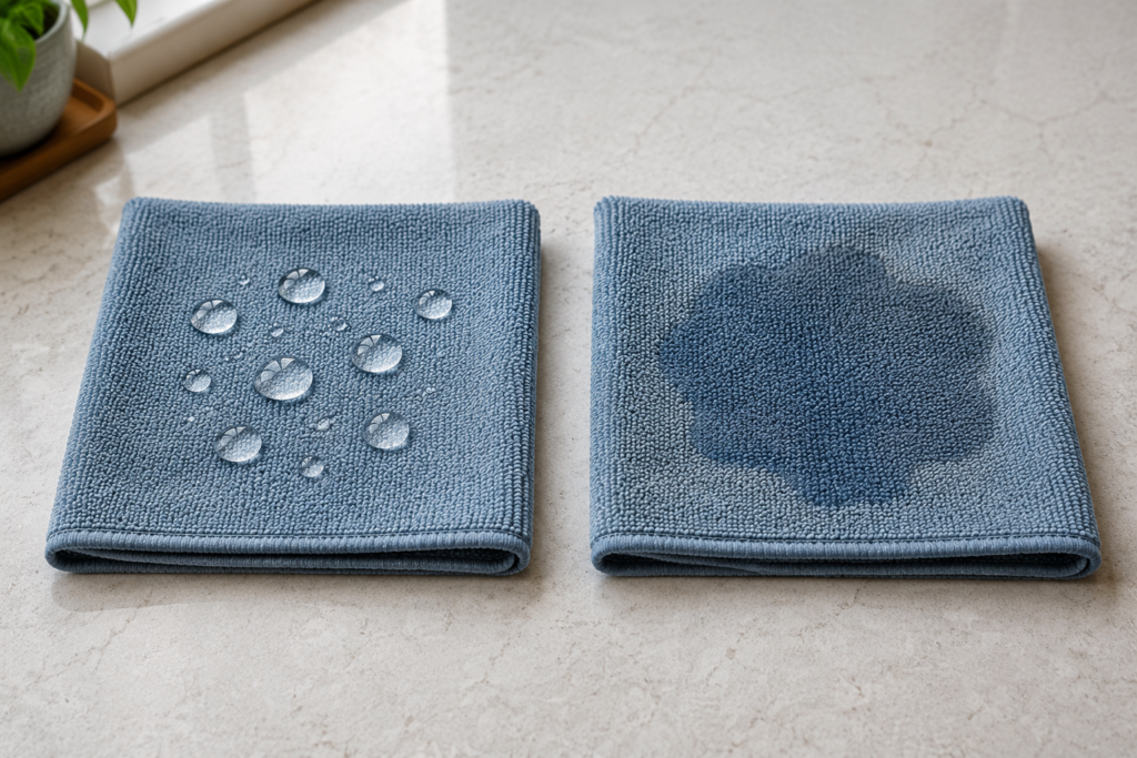 Water beading on one microfiber cloth and absorbing into another
