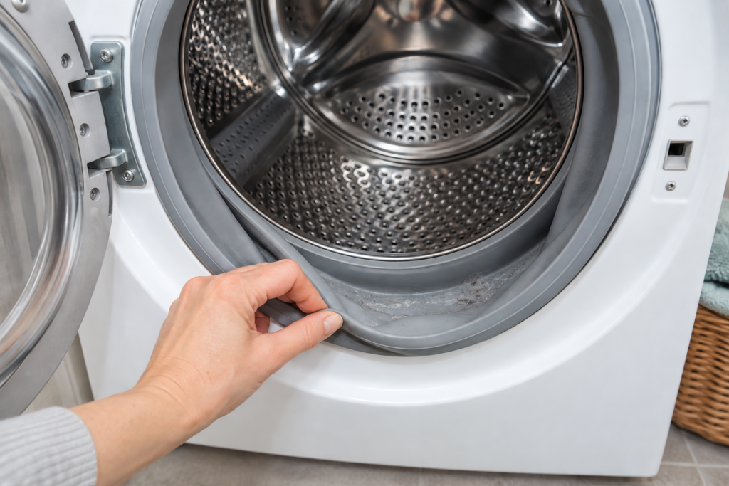 Front-load washer door gasket opened to show where moisture and residue can collect