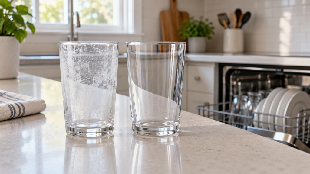 Cloudy dishwasher-washed glass beside a clear glass for comparison