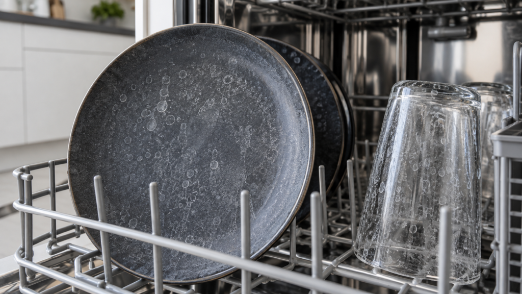 White mineral spots and chalky film on a plate and glass inside a dishwasher