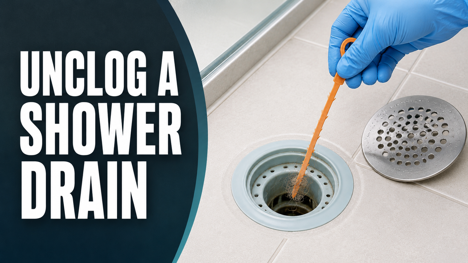 Gloved hand using a plastic tool to remove hair from a shower drain
