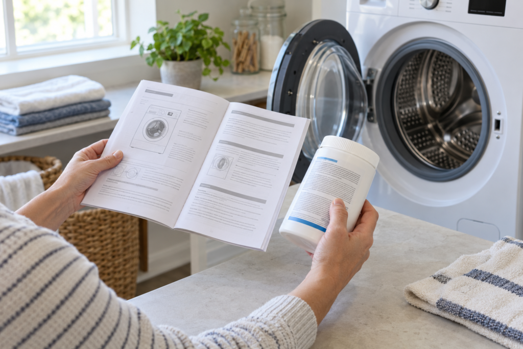 Person comparing a washing machine manual with a cleaner label before use