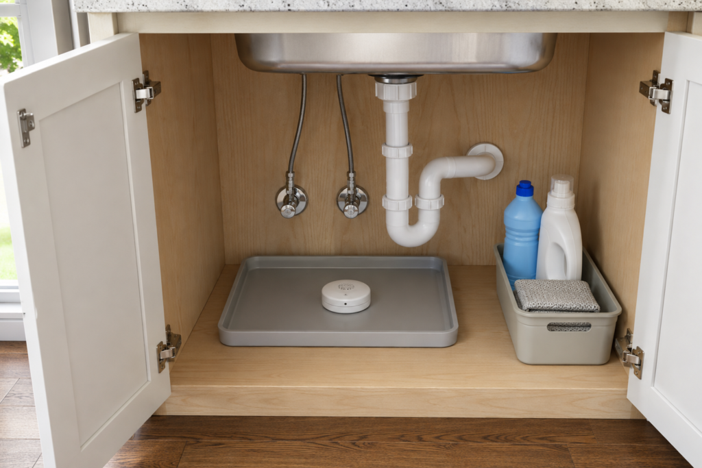 Sink cabinet with a drip tray, water alarm, and storage clear of pipes.