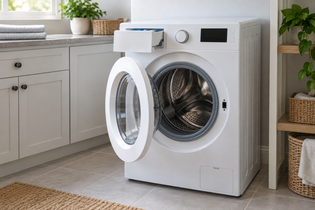 Clean front-load washer with its door and detergent drawer open for airflow