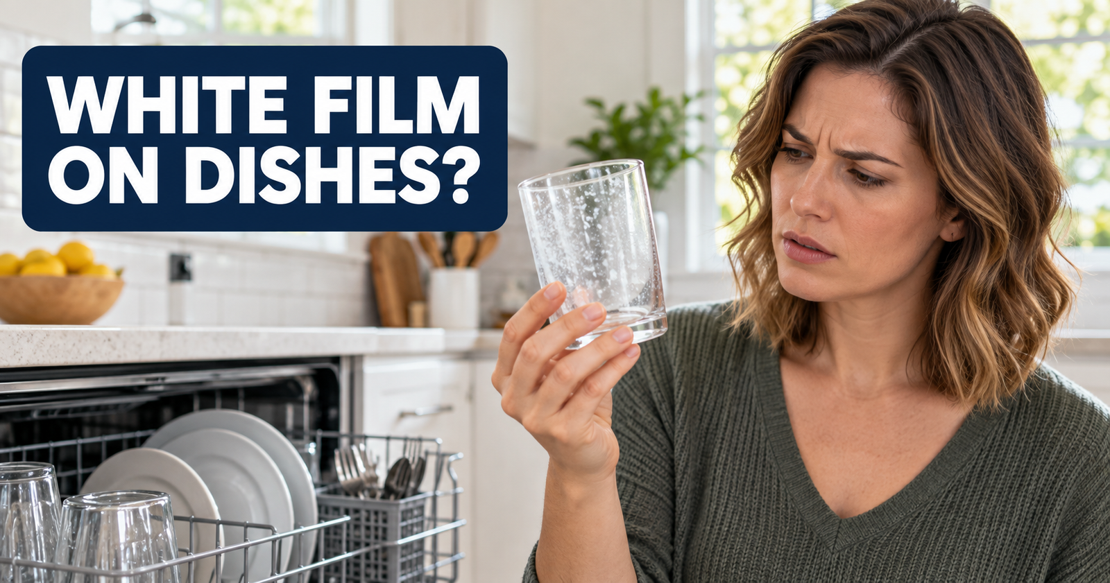 Homeowner examining a cloudy glass beside an open dishwasher