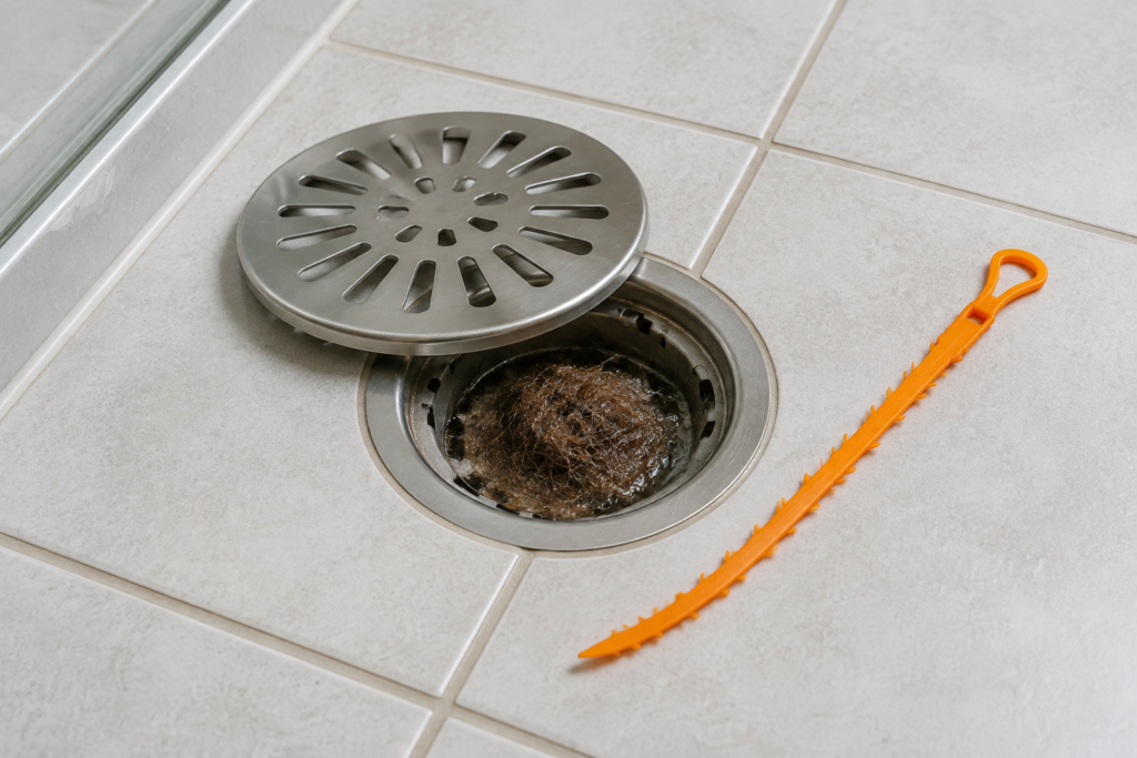 Shower drain cover removed to reveal hair buildup near the opening
