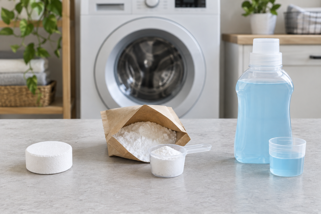 Washing machine cleaner tablet, powder, and liquid arranged side by side
