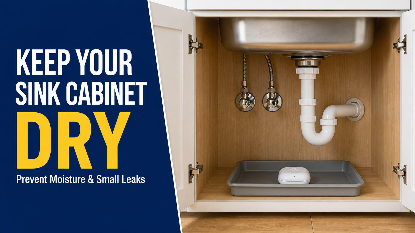 Open kitchen sink cabinet with a drip tray and water leak alarm beside the text “Keep Your Sink Cabinet Dry.”