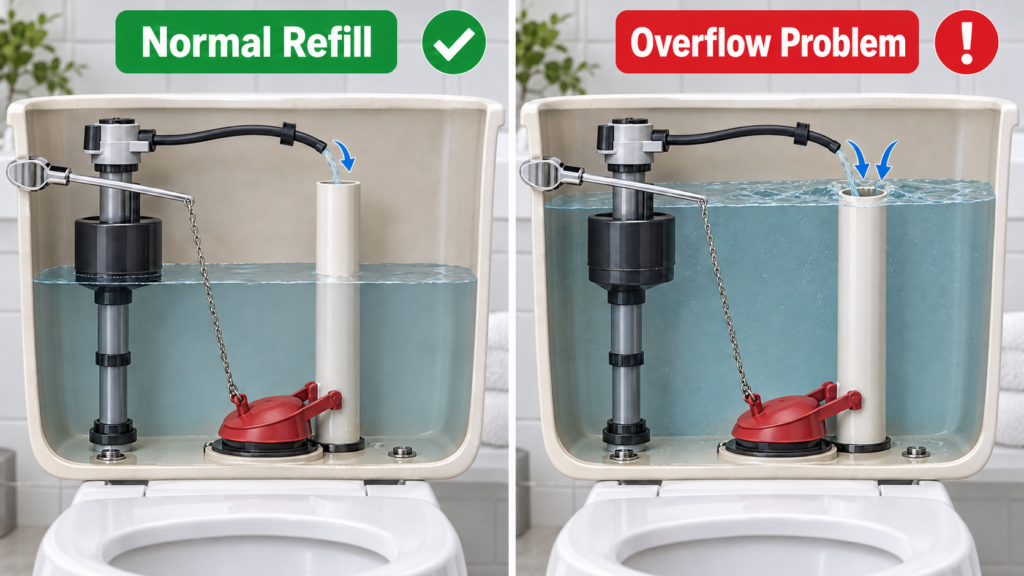 Normal refill-tube flow compared with tank water spilling into the toilet overflow tube