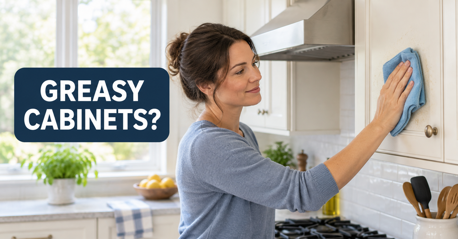 Person gently wiping grease from a kitchen cabinet near the stove