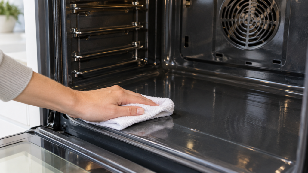 Clean damp cloth wiping residue from the inside of a cooled oven