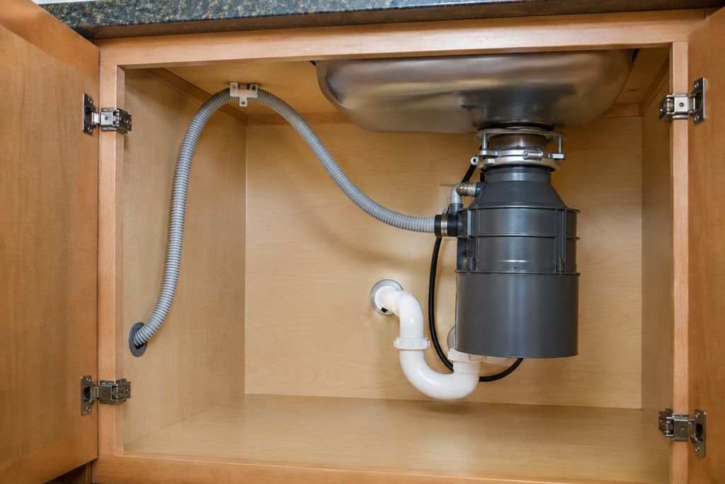 Dishwasher drain hose secured beneath the counter before connecting to a garbage disposal.