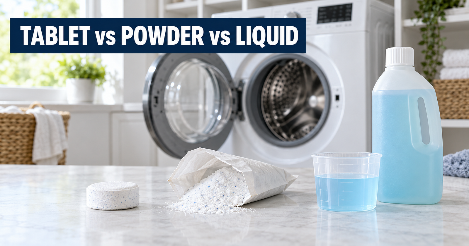 Washing machine cleaner tablet, powder, and liquid compared in a laundry room