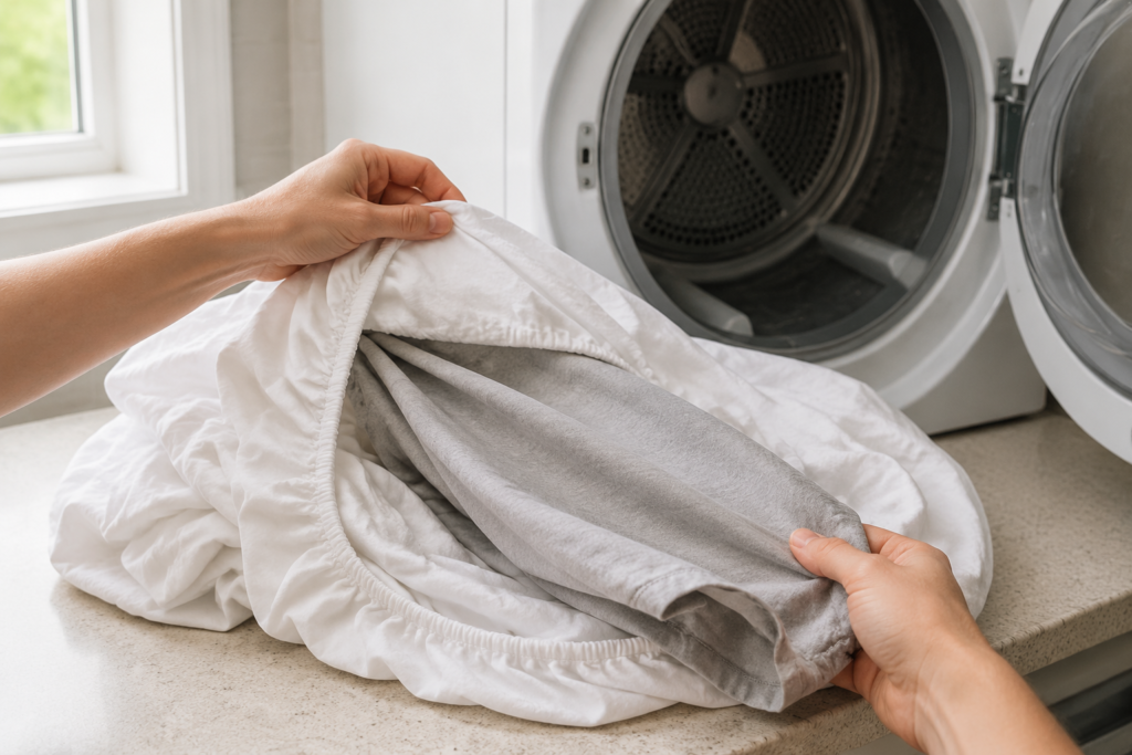 Opening a fitted sheet to remove a trapped pillowcase beside the dryer.