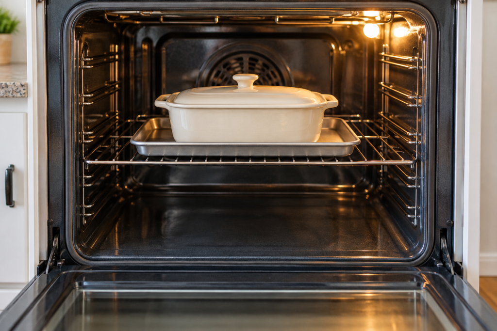 Rimmed baking pan positioned on an oven rack to contain food drips