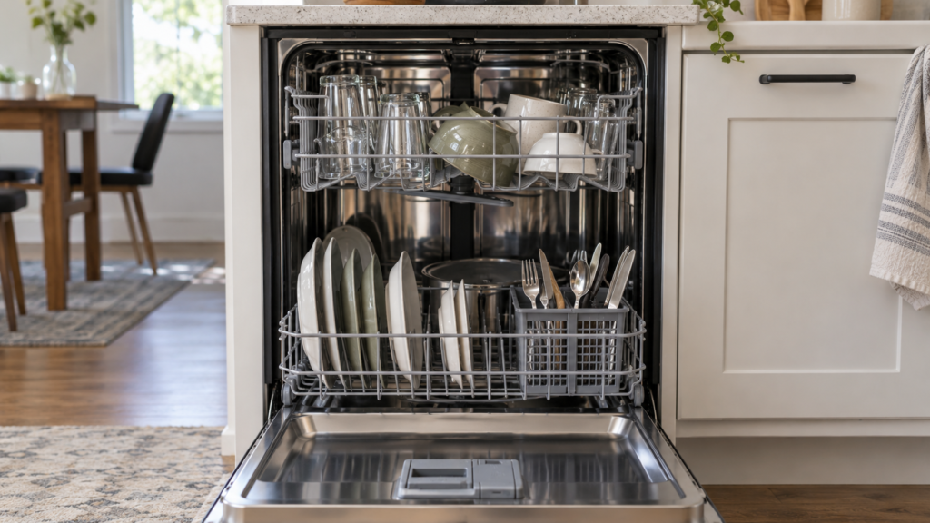 Dishwasher loaded with space between dishes and unobstructed spray paths