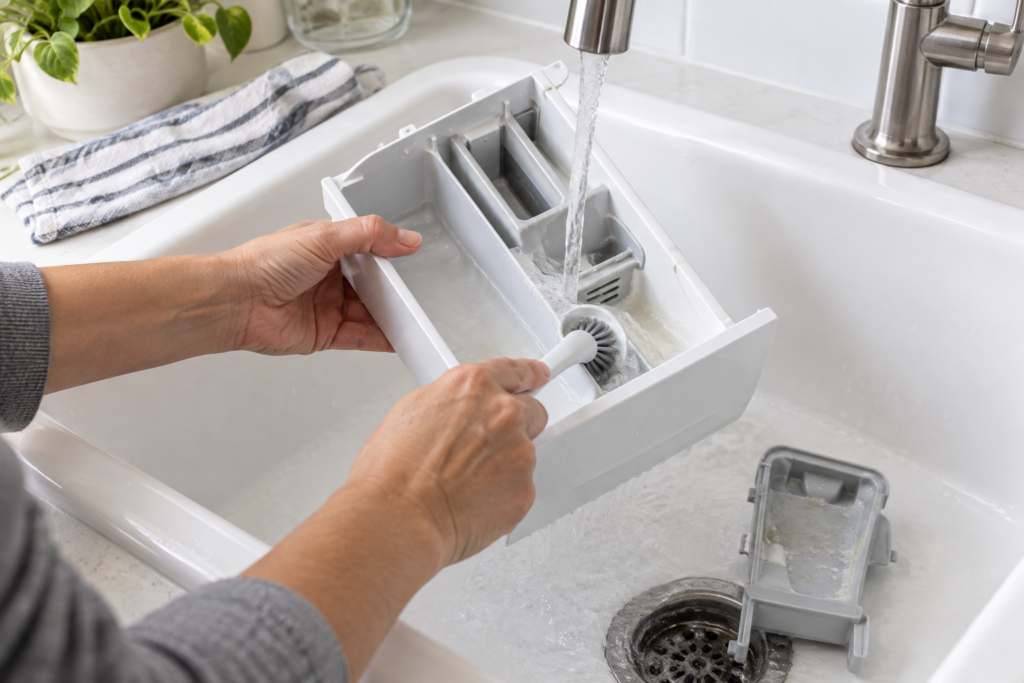 Front-load washer detergent dispenser being cleaned with warm water and a soft brush