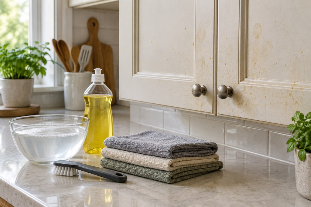 Mild dish soap, warm water, microfiber cloths, and a soft brush beside greasy kitchen cabinets