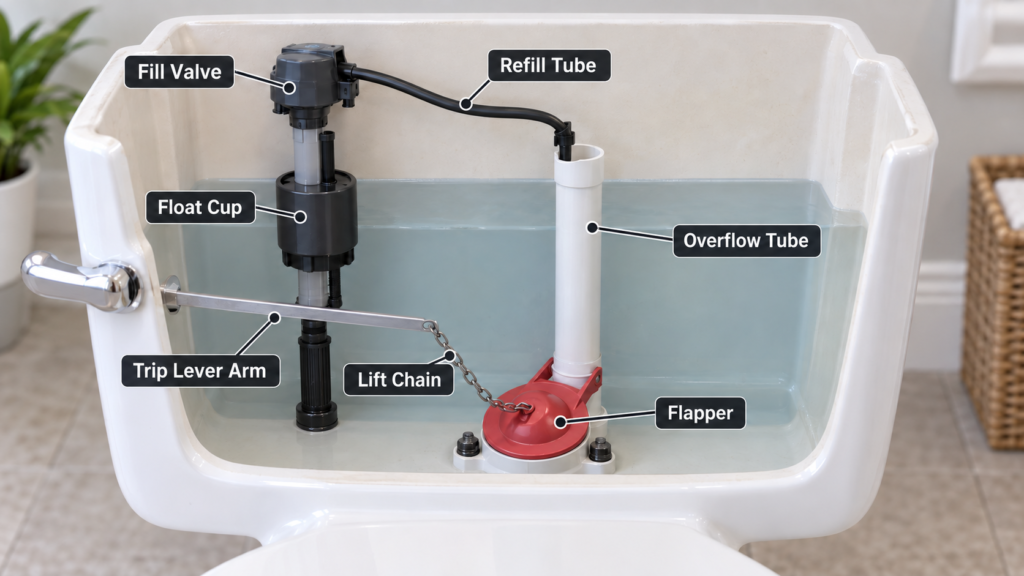 Labeled parts inside a gravity-fed toilet tank, including the fill valve, float, refill tube, overflow tube, chain, trip lever, and flapper