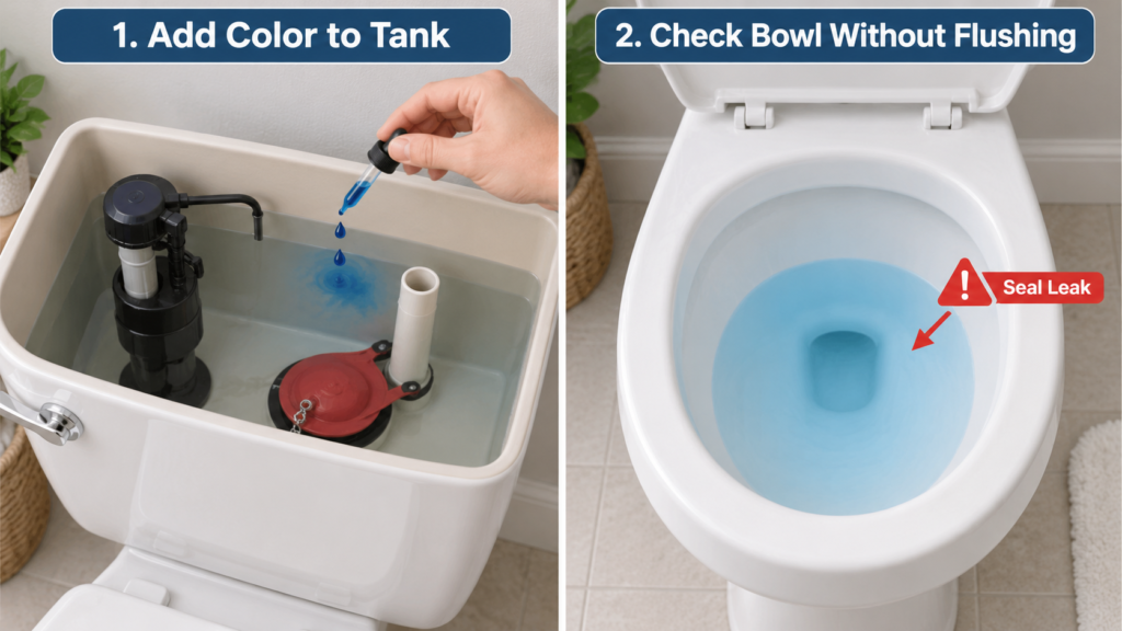 Blue dye added to a toilet tank and appearing in the bowl without flushing, indicating a seal leak