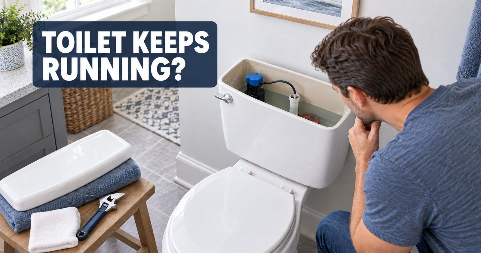 Homeowner inspecting an open toilet tank to find why it keeps running
