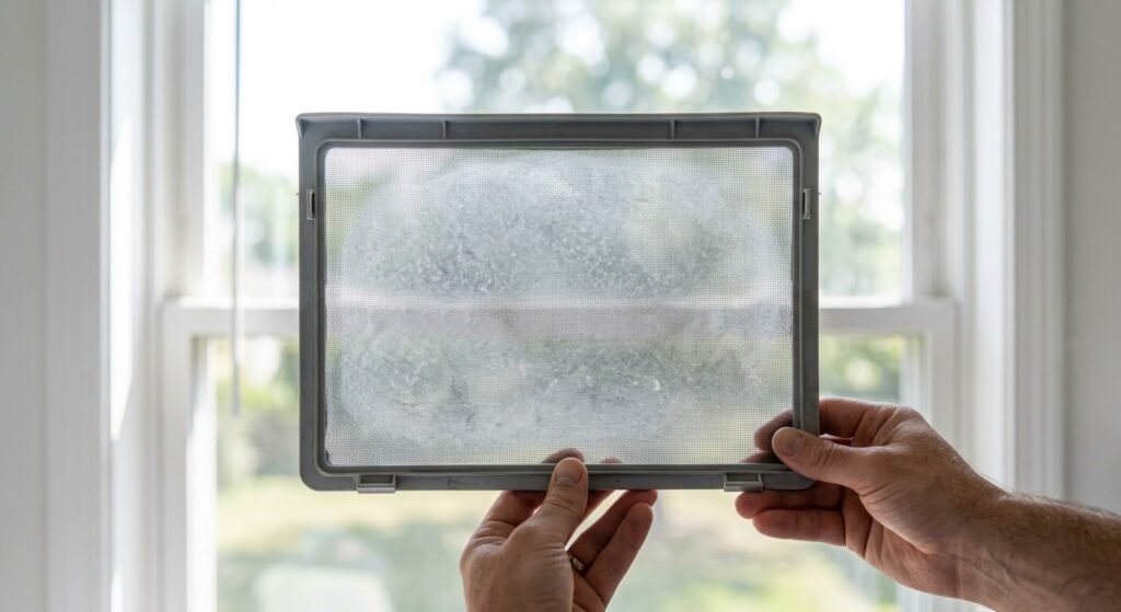     A dryer lint screen held up to a bright window to reveal residue across the mesh.